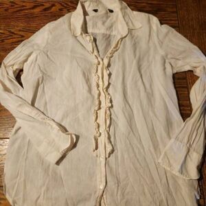 Peruvian Connection white ruffle front button down shirt sz Large